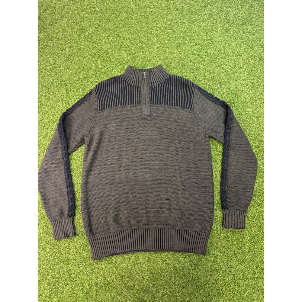 Rock & Republic Mens‎ Quarter Zip Sweater Large Olive Green Black Stripe Knit L